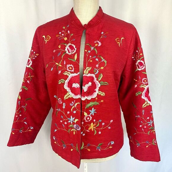Vintage Norm Thompson Red Silk floral Embroidered Jacket Black Quilted Lining XL - Picture 1 of 11